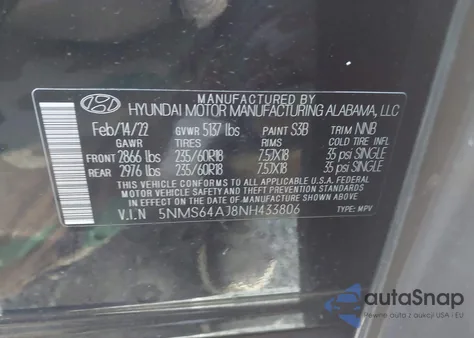 2022 Hyundai Santa Fe Xrt z USA, uszkodzony, nr VIN 5NMS64AJ8NH433806